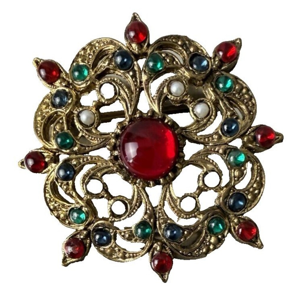 VTG Ornate Gripoix Style Jewel Tone Brooch Coro? Cabochon & Faux Pearl Gold Tone